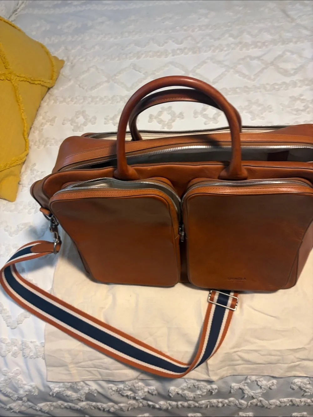 Shinola Cognac Leather Briefcase with Striped Shoulder Strap